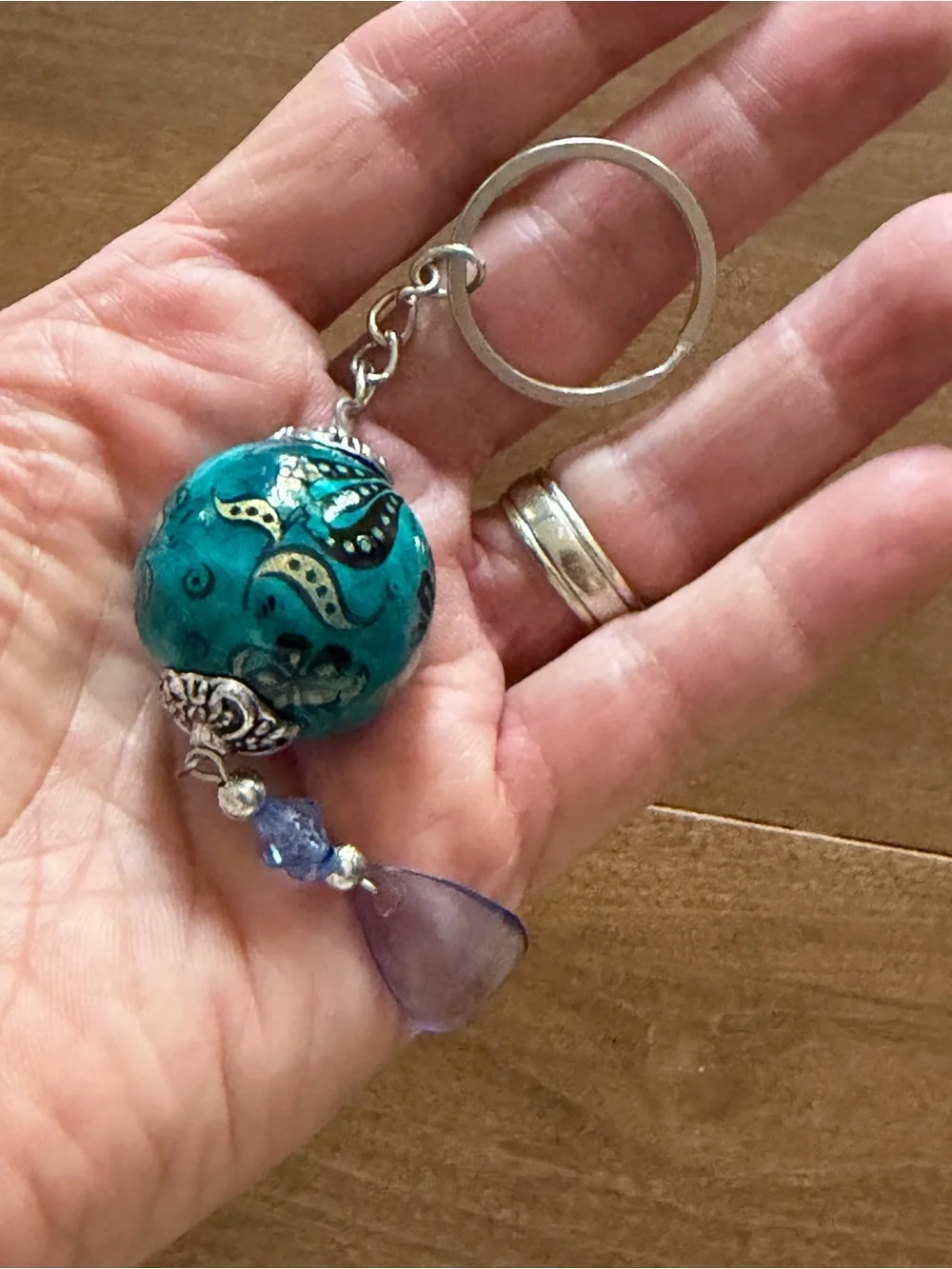 Turkish Design Turquoise Floral Ceramic Orb Keychain